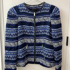 Zara Abstract Print Blue Blazer Jacket Faux Leather Trim M